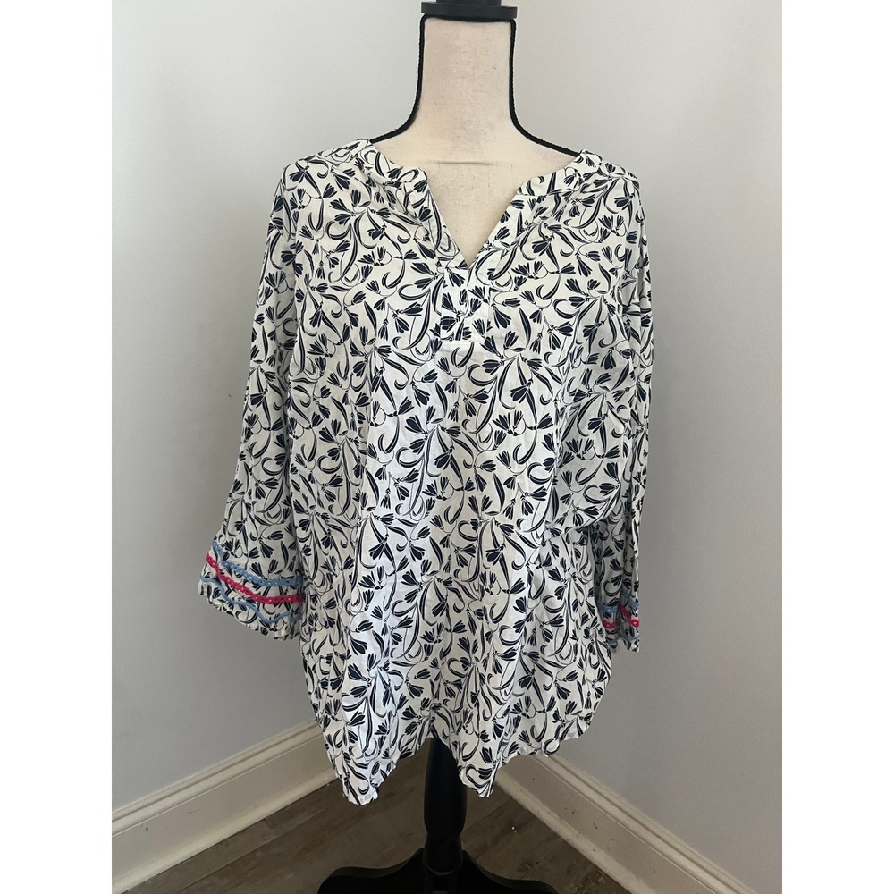Talbots Cotton Tunic size 2X White Floral Embroidered Boho Chic Cottagecore Top